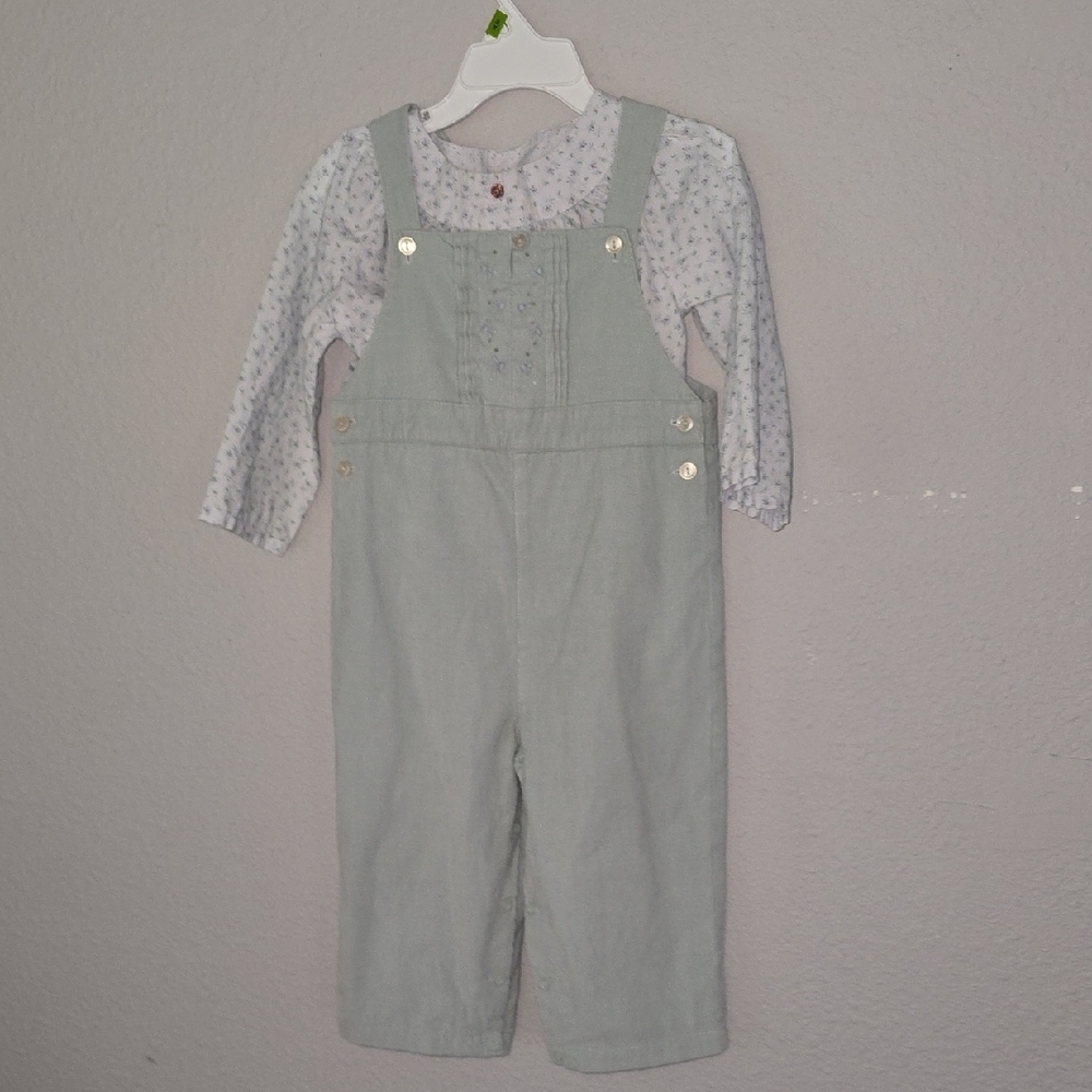 Light Gray Overalls with Baby Blue Floral Shirt